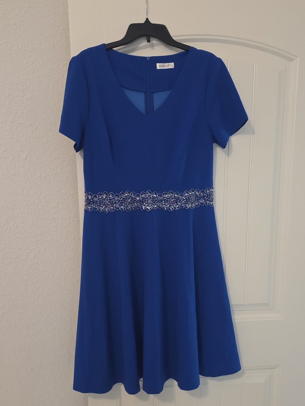 Mastex Royal Blue V-Neck A-Line Dress with Embellished Waist